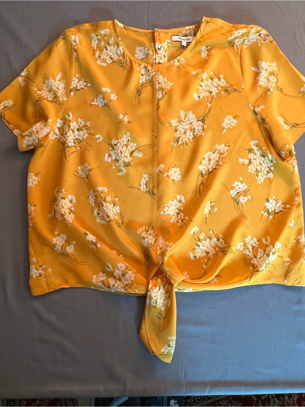 Madewell Silk Yellow Floral Tie-Front Blouse